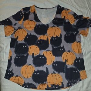 Women's Short Sleeve Tee - Gray with Orange & Black Cat Pumpkin Print